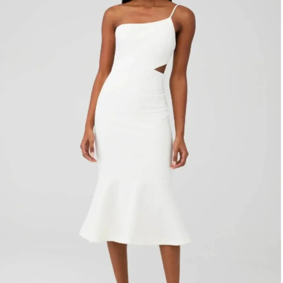 Likely Fit Flare Midi White One Shoulder Cutout Bodycon Bridal Party Dress - Picture 1 of 10